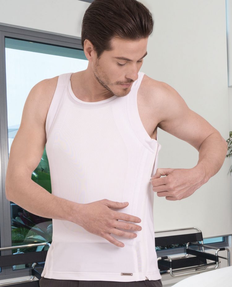 man zipping up white sleeveless bulletproof t-shirt